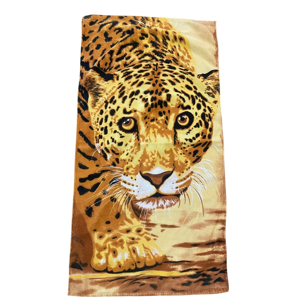 Vintage Leopard Beach Towel Big Cat Tiger Face Animal Print 63x28 Safari Y2K